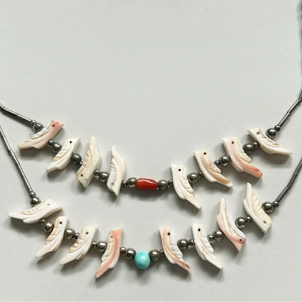 Vintage Southwestern Two Strand Fetish Turquoise Coral Sterling Silver Necklace - Picture 8 of 13